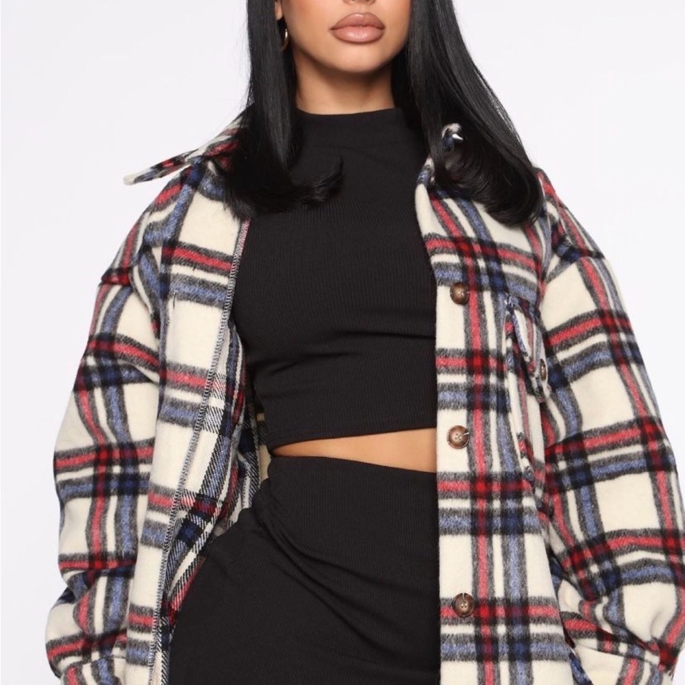 Fashion Nova Checkered Teddy Jacket - Red, Navy, Cream